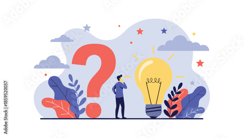 A pensive man contemplates a problem represented by a question mark and finds a solution symbolized by a glowing lightbulb, illustrating the creative process.