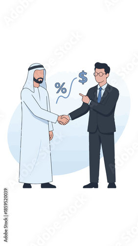 Business deal concept with two men shaking hands and financial symbols