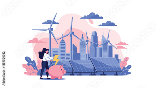 A woman puts a lightning bolt into a piggy bank, symbolizing saving money and energy with renewable sources like wind turbines and solar panels.
