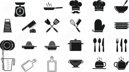 Kitchen utensils vector icons set including cooking tools, chef hat, plates, teapot, grater, cutting board, whisk, spatula, pot illustration