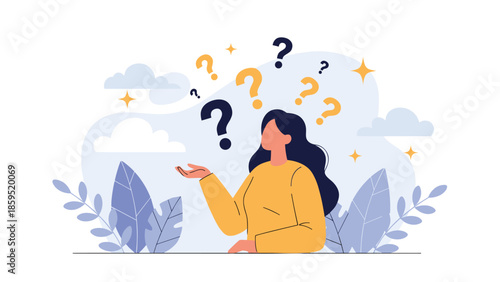 A confused woman looks at various question marks floating around her, symbolizing uncertainty, decision-making, and the need for information or support.