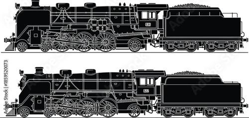Detailed vintage steam locomotive silhouettes showing classic railway engines with coal tenders isolated black vector illustration for transport history themes