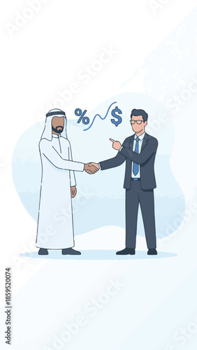 International Business Handshake with Financial Symbols and Diverse Partners