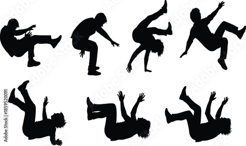Dynamic falling and jumping human silhouettes collection showing action motion balance and impact poses isolated black vector illustration set