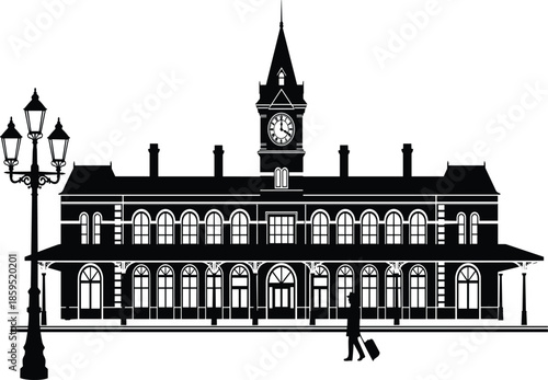 Historic railway station building silhouette with clock tower and traveler walking isolated black vector illustration for architecture and travel concepts