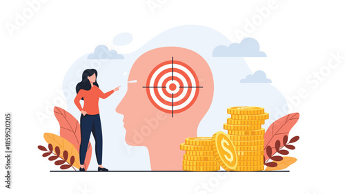 A woman points to a target inside a human head next to a stack of gold coins, symbolizing financial goals, mindset, and business strategy.