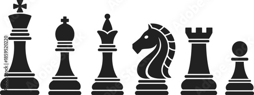 Black Silhouette Chess Pieces King Queen Bishop Knight Rook Pawn Isolated White Background game strategy