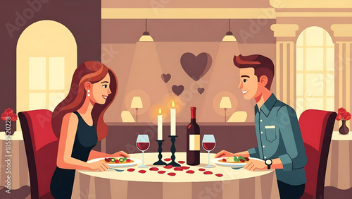 Capturing a Beautiful Romantic Dinner Date for Two in an Elegant Restaurant Setting, Celebrating Love and Connection with Delicious Food and Fine Wine
