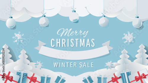 Paper art christmas scene with snowy landscapes and festive decorations