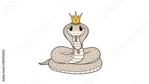 An adorable cartoon king cobra character, complete with a golden crown and necklace, smiles charmingly, representing a friendly and royal reptile mascot.