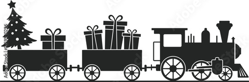 Black silhouette of a Christmas train carrying a decorated tree and gift boxes on a white background