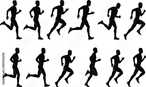 Male Running Athlete Silhouettes Showing Sprint Jogging and Fitness Motion Poses Side View Isolated on White Background Vector Illustration
