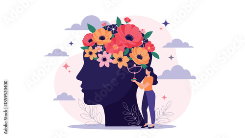 A woman tends to a beautiful bouquet of flowers growing from a human head silhouette, symbolizing mental health, positive thinking, and personal growth.