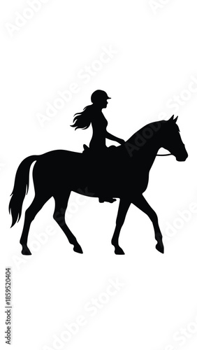 Black silhouette of a female equestrian rider on a horse, side profile