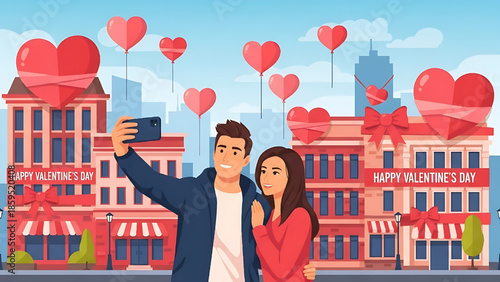 Couple Taking a Selfie with Heart Balloons on Valentine's Day in a City Street