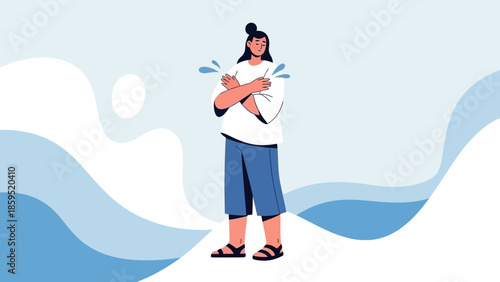 illustration of a woman hugging herself symbolizing self-love and emotional well-being in a modern