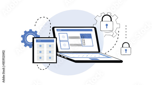 Flat illustration of laptop and mobile device with layered security protection and gear icons representing data safety and encryption