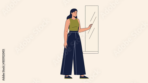 illustration of a woman in casual outfit looking at herself in a mirror during morning routine