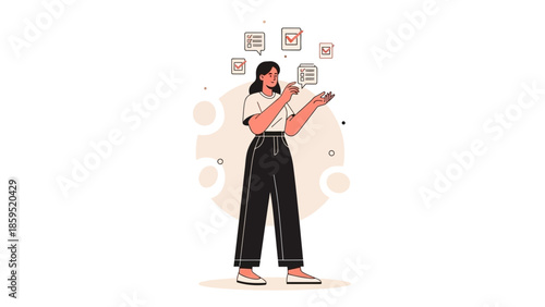 Illustration of a woman managing digital tasks and organizing her work using modern technology