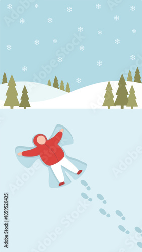 Snow angel in winter landscape with evergreen trees and falling snowflakes