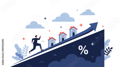 A businessman runs up a steep incline with a rising arrow and houses, illustrating the concept of increasing mortgage rates and a rising housing market.