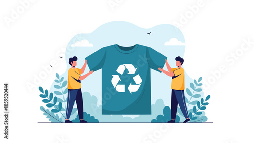 Two men hold up a large t-shirt with a recycling symbol, promoting sustainable fashion, slow fashion, and environmentally friendly clothing.