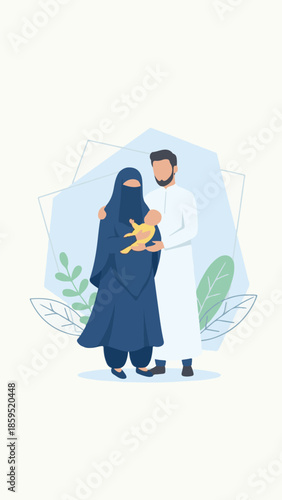 Happy Muslim Family with Newborn Baby Illustration