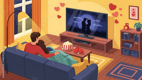 Cozy couple enjoying a romantic movie night at home, sharing popcorn and love