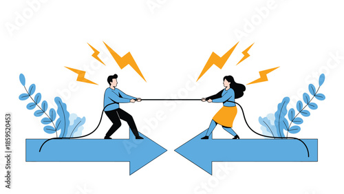 A man and a woman are engaged in a tug of war, standing on opposing arrows, which symbolizes conflict, competition, and disagreement between people.