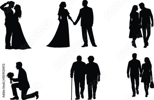 Romantic couple silhouettes collection showing love relationships proposal marriage and life stages isolated black vector illustration set