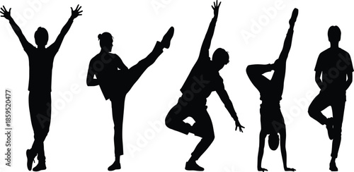 Dynamic dancer silhouettes collection showing contemporary dance poses balance flexibility and movement isolated black vector illustration for fitness and art concepts