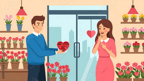 Man gifting a heart-shaped box of chocolates to a woman in a flower shop, celebrating love and romance