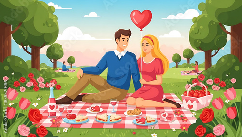 Romantic couple enjoying a beautiful picnic date outdoors surrounded by flowers and lush greenery under a clear sky, celebrating love