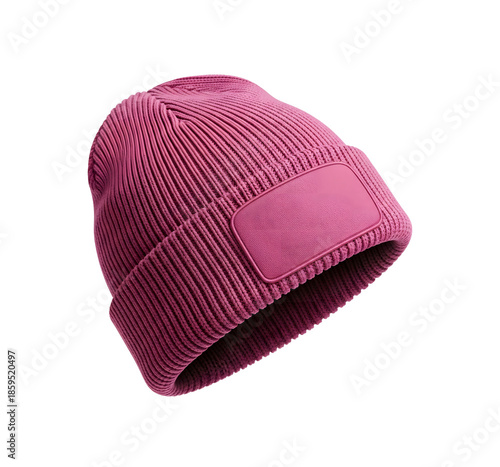 Magenta pink ribbed knit beanie hat with square blank patch, angled view