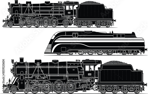 Vintage Steam Locomotive Silhouettes Set Featuring Classic Railway Trains Detailed Technical Illustration Isolated on White Background for Transportation Design Projects