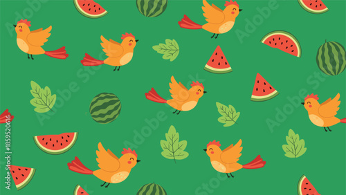 A fun and vibrant seamless summer pattern with cute cartoon birds, slices of watermelon, and green leaves on a solid green background.