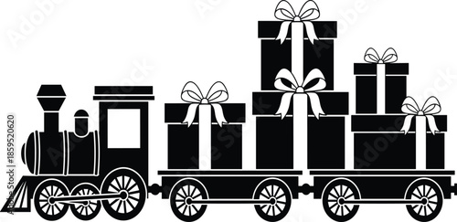 Vintage toy train carrying gift boxes silhouette illustration representing holiday celebration Christmas presents delivery isolated black vector design