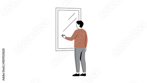 Illustration of a person using a touchscreen mirror in a modern setting