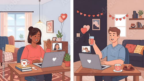 Romantic Long-Distance Couple Shares a Special Virtual Date, Fostering Deep Connection and Affection Through Technology