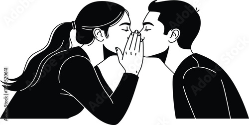 Whispering couple silhouette illustration showing private communication intimacy trust and secret sharing isolated black vector art concept romantic relationship