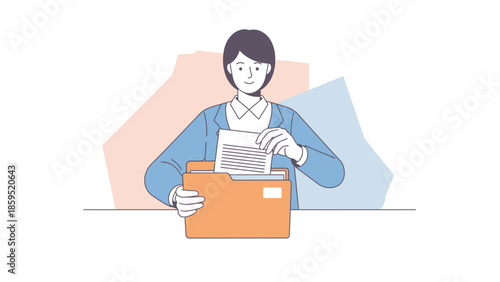 Illustration of a professional woman organizing documents in a folder on a desk for office work or