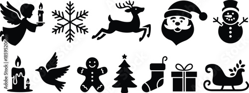 Christmas Icons Set Black Silhouettes On White Background Keywords: christmas, holiday, icon, set, silhouette, santa, claus