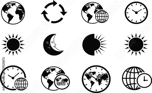 World time and global cycle icons set featuring earth sun moon clocks and arrows isolated black vector illustration