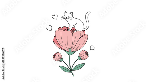 A cute and simple line art illustration of a white cat sitting on top of a large pink flower, surrounded by little hearts, on a white background.