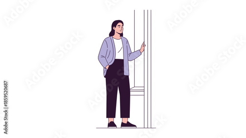 Illustration of a thoughtful woman standing by a window in casual attire