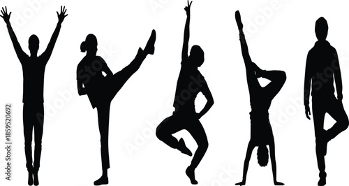 Yoga and dance silhouettes collection showing balance flexibility stretching and expressive movement poses isolated black vector illustration for fitness and wellness concepts