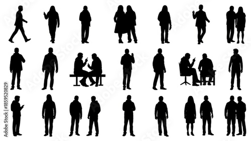 Collection of various black silhouettes of people in different poses