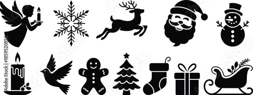 Christmas Icons Set Black Silhouettes On White Background Keywords: christmas, holiday, icon, set, silhouette, santa, claus