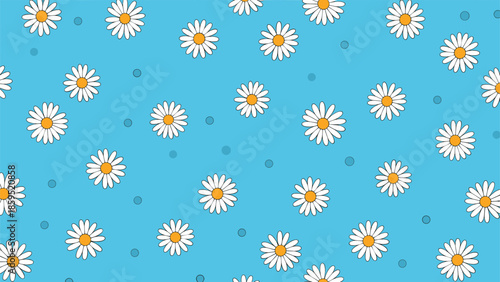A cheerful and simple seamless pattern of white daisy flowers with yellow centers scattered across a bright blue background with subtle polka dots.