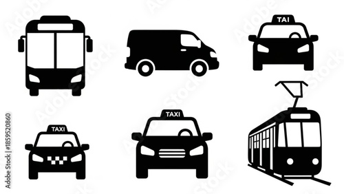 Black silhouettes of various city vehicles